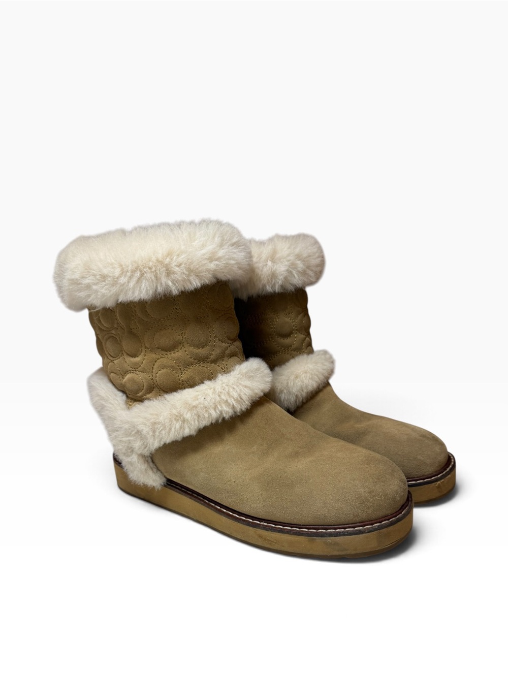 COACH IZZIE Boots Size 9 Signature Midcalf Suede Faux Fur FG4597
